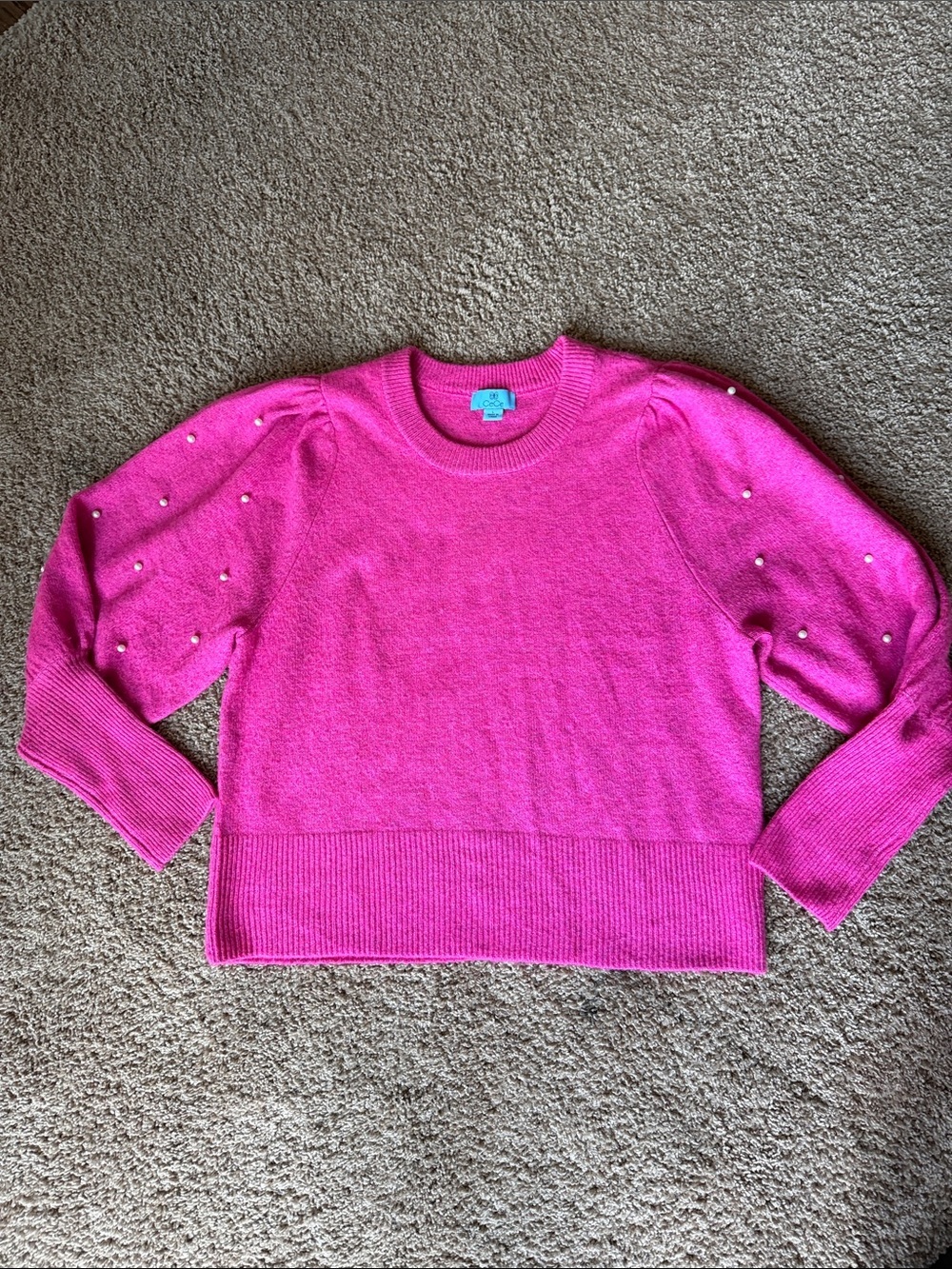 CeCe Hot Pink Pearl-Embellished Crewneck Sweater Size L